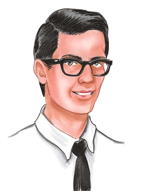 Hombre guapo con camisa blanca, corbata y gafas. Dibujo a tinta y acuarela