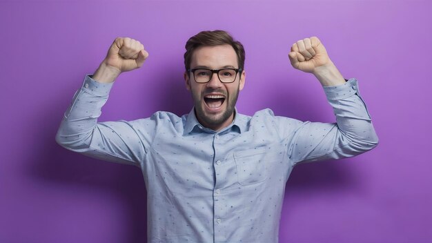 Hombre guapo caucásico celebrando una victoria sobre una pared púrpura aislada