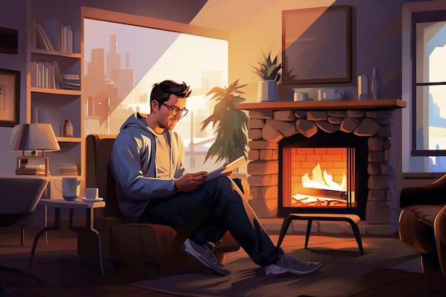 Hombre guapo caucásico con gafas leyendo cerca de la chimenea en un acogedor apartamento moderno