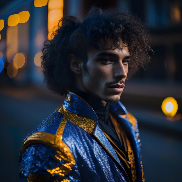 Hombre guapo con chaqueta azul posando en la calle