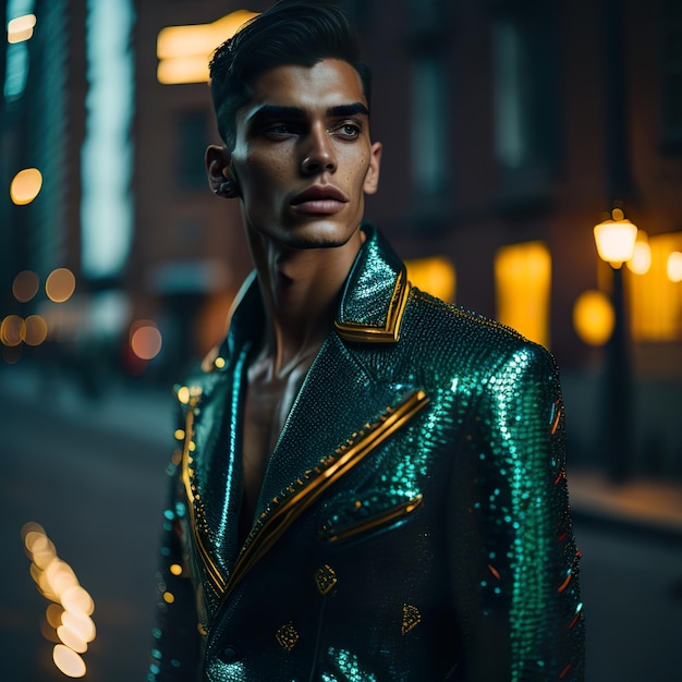 Hombre guapo con chaqueta verde posando en la calle