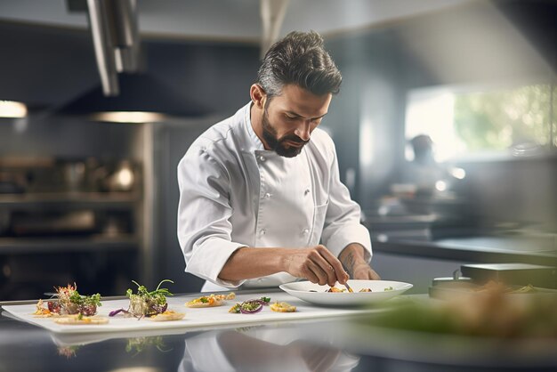 El hombre guapo Chef está cocinando en la cocina, habitación blanca brillante. Chef cruzó los brazos cerca de la mesa de cocina.