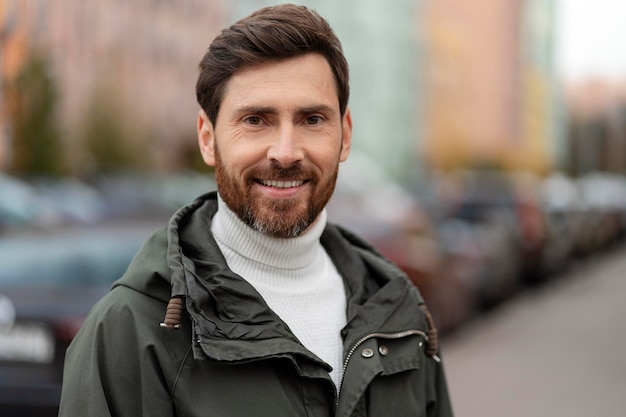 Hombre guapo confiado con barba está sonriendo en una calle de la ciudad Un hombre joven en el fondo de la ciudad