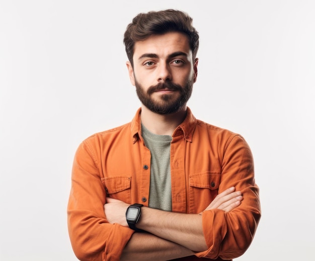 un hombre guapo confiado con los brazos cruzados sobre el cuerpo sonriendo y mirando determinado