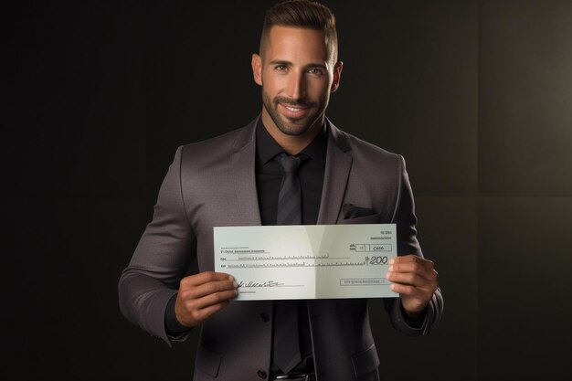 Hombre guapo con confianza sosteniendo un cheque en blanco