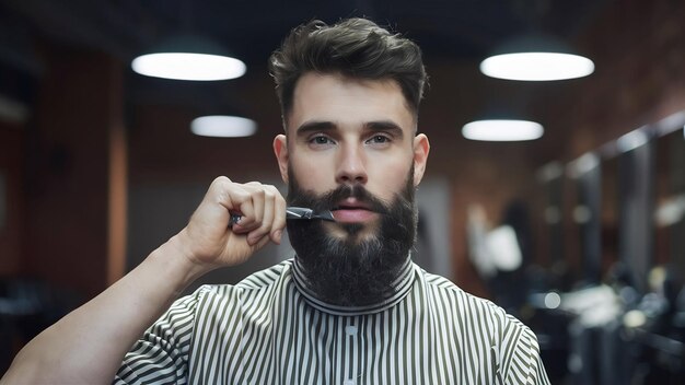 Hombre guapo cortando la barba en un salón de barbería