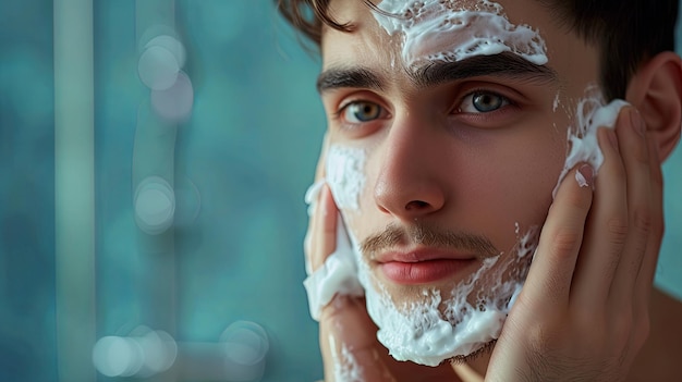 Hombre guapo cuidando la piel de la cara después de afeitarse Diseño de fondo de bandera