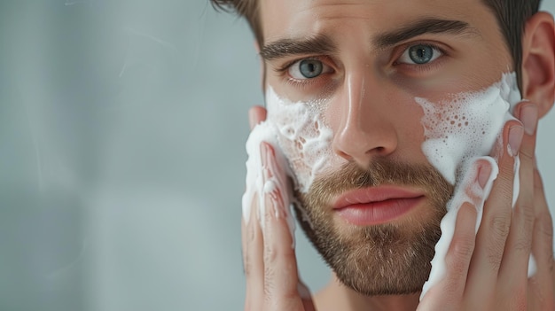 Hombre guapo cuidando la piel de la cara después de afeitarse Diseño de fondo de bandera