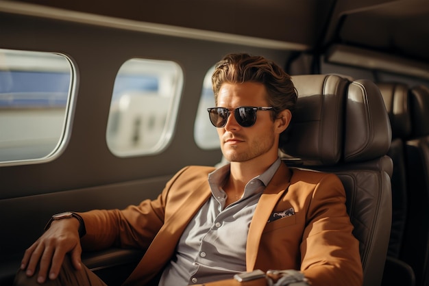 Hombre guapo dentro de un jet privado