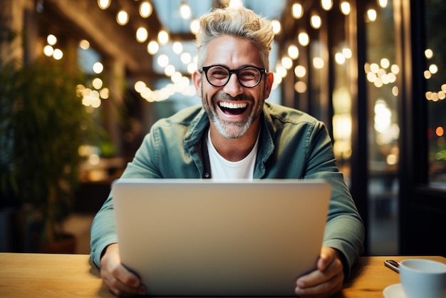 Foto un hombre guapo detrás de una computadora portátil en casa, feliz y sorprendido, concepto de éxito financiero o empresarial