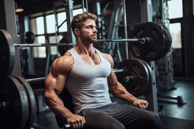 Un hombre guapo está ejercitando el pecho con barra en un gimnasio moderno