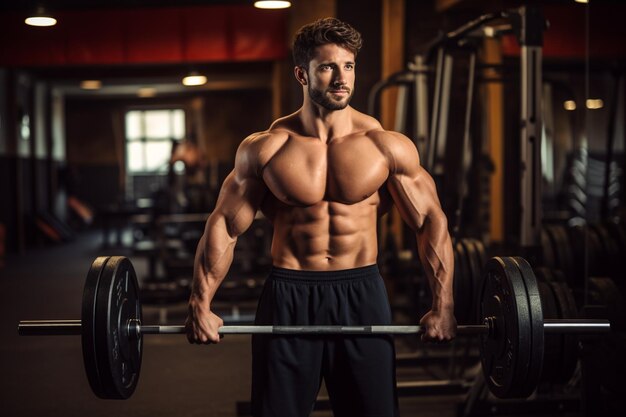 Un hombre guapo está ejercitando el pecho con barra en un gimnasio moderno