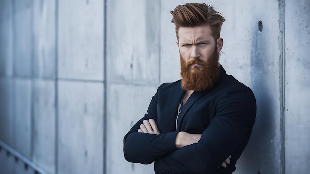 Hombre guapo y elegante con larga barba roja y peinado a la moda con cara seria y disgustada