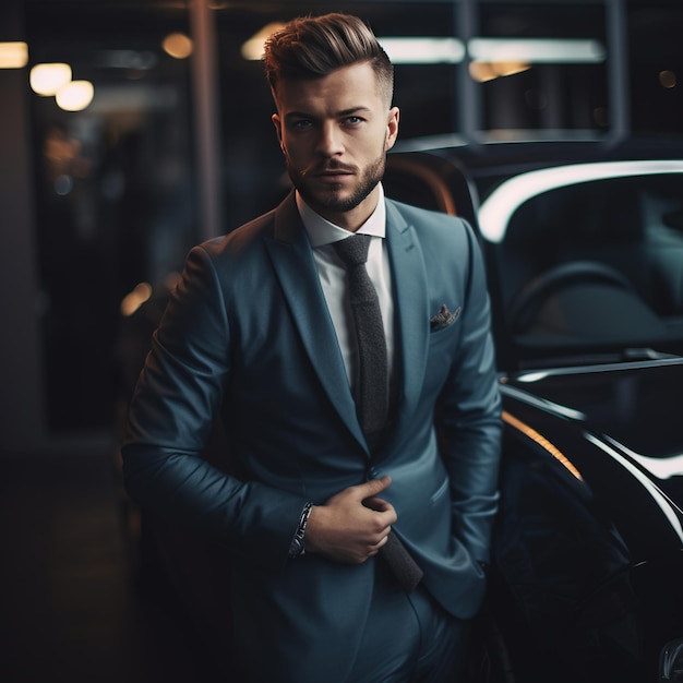 Hombre guapo y elegante con su coche.