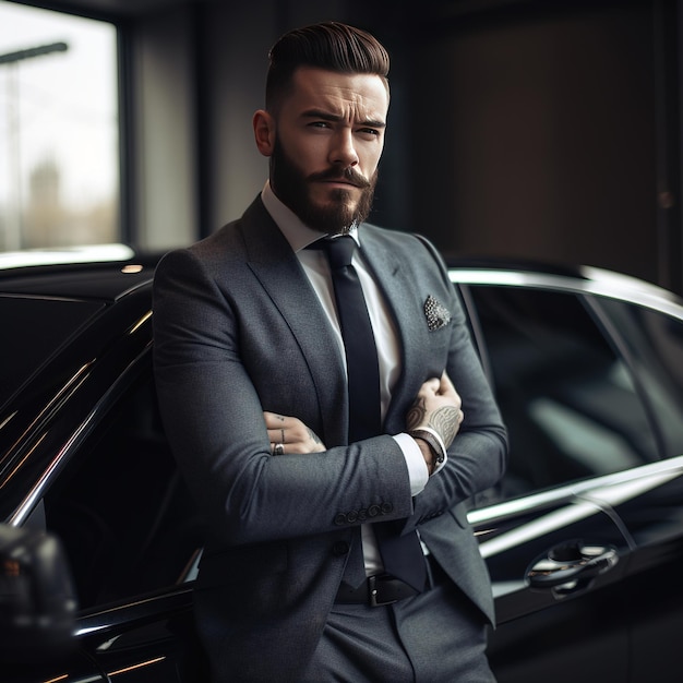 Hombre guapo y elegante con su coche.