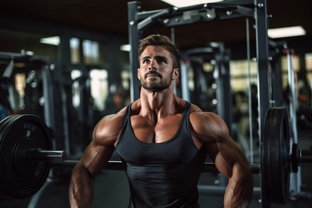 Un hombre guapo está ejercitando el pecho con barra en un gimnasio moderno