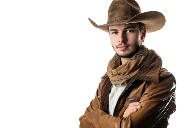 Foto hombre guapo en estilo vaquero con fondo blanco