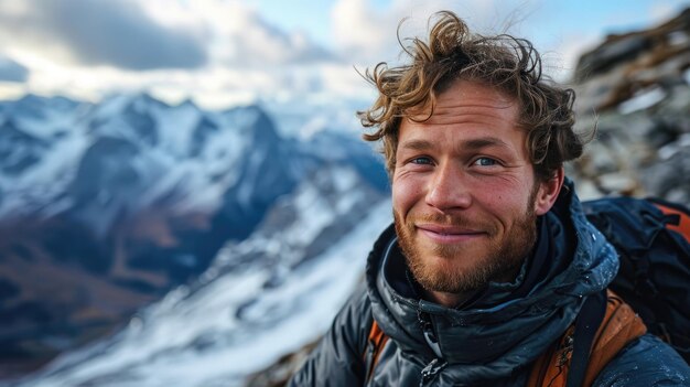 Hombre guapo excursionista selfie en la montaña