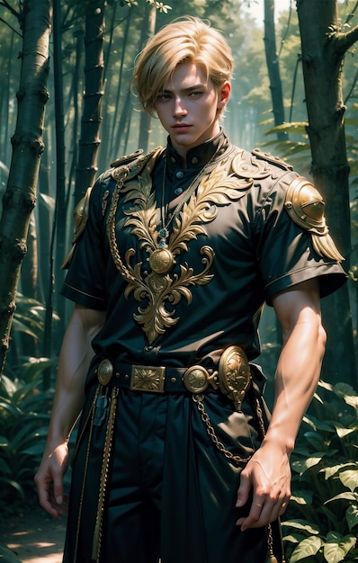 hombre guapo de fantasía Varón guapo posando en el bosque Chico guapo medieval