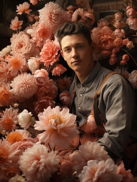 Un hombre guapo con flores de peoy