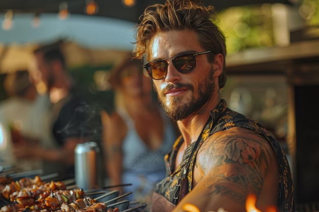 Hombre guapo con gafas de sol en la fiesta de barbacoa de verano