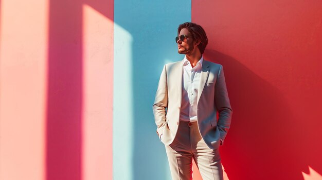 Hombre guapo con gafas de sol y traje mirando hacia otro lado mientras está de pie en un fondo colorido