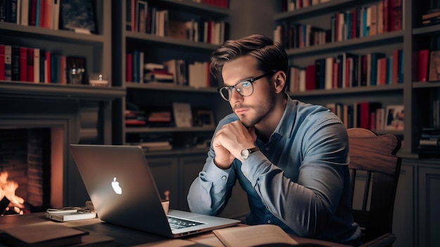 Hombre guapo con gafas trabajando en una computadora portátil