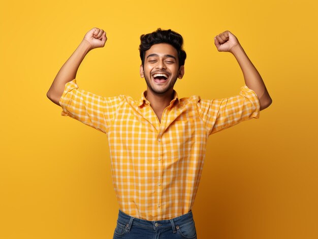 Un hombre guapo indio hiperrealista y feliz con la camisa de cheques con las manos en alto aislado sobre un fondo amarillo