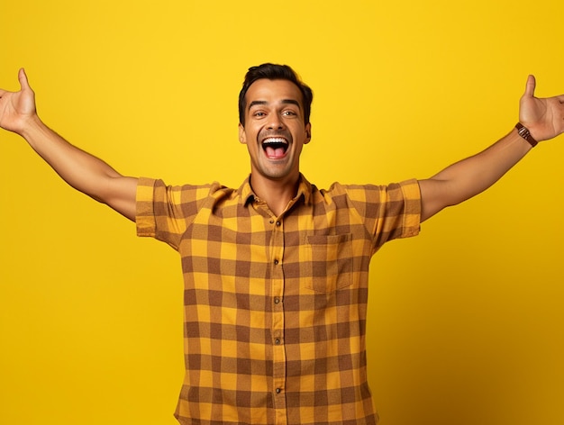 Un hombre guapo indio hiperrealista y feliz con la camisa de cheques con las manos en alto aislado sobre un fondo amarillo