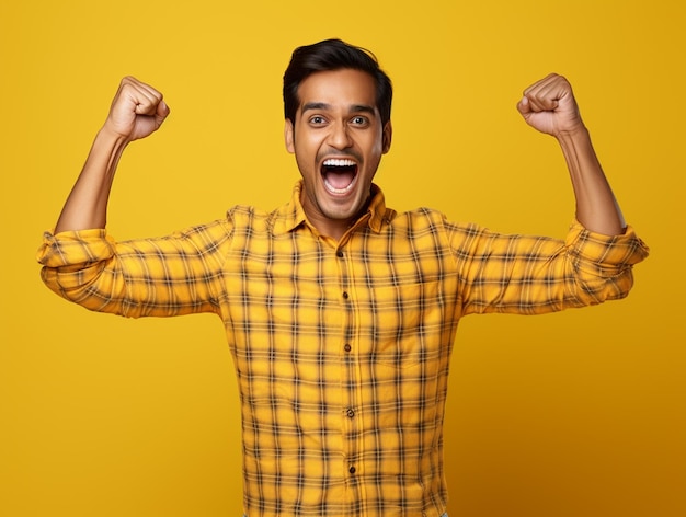 Un hombre guapo indio hiperrealista y feliz con la camisa de cheques con las manos en alto aislado sobre un fondo amarillo