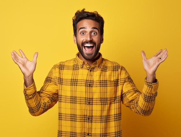 Foto un hombre guapo indio hiperrealista y feliz con la camisa de cheques con las manos en alto aislado sobre un fondo amarillo