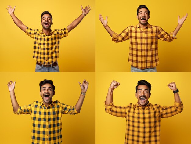 Un hombre guapo indio hiperrealista y feliz con la camisa de cheques con las manos en alto aislado sobre un fondo amarillo