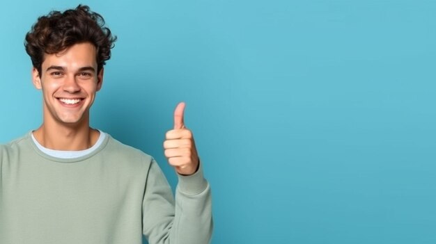 Hombre guapo joven inspirado apuntando al lado mirando a la cámara en la pared azul