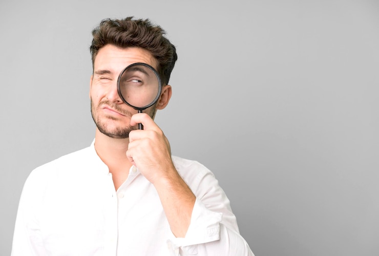 Foto hombre guapo joven con una lupa buscar o encontrar el concepto