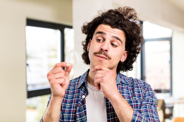 Foto hombre guapo joven con un retenedor dental en el interior de su casa