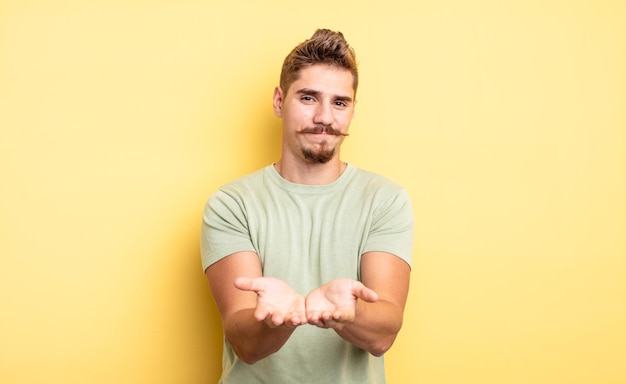 Hombre guapo joven sonriendo felizmente con una mirada positiva y confiada que ofrece y muestra un objeto o concepto concepto de bigote extraño