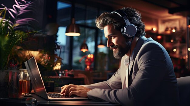 Un hombre guapo juega en una computadora con una computadora portátil o mira una transmisión y sonríe