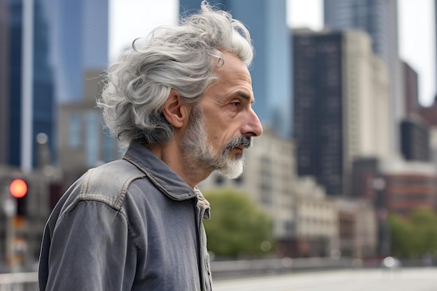 Hombre guapo de mediana edad con cabello gris en la ciudad