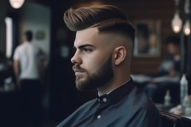 Hombre guapo modelo de barbería retrato foto joven salón pensativo Generar Ai