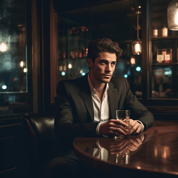 Un hombre guapo, moderno y elegante, vestido con traje, sentado en un bar