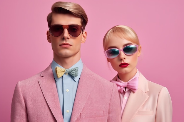 Un hombre guapo y una mujer hermosa con trajes y gafas