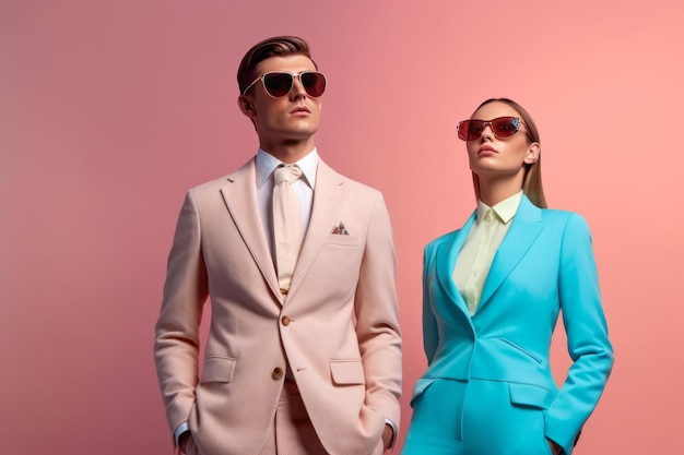 Un hombre guapo y una mujer hermosa con trajes y gafas