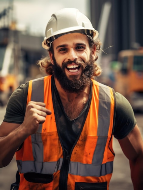 Hombre guapo y musculoso en casco de seguridad y chaleco en el trabajo