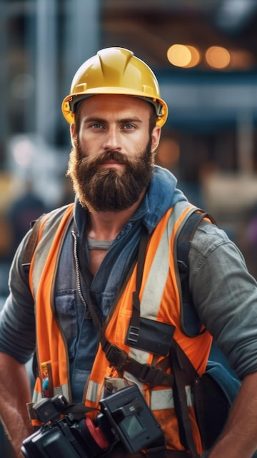 Hombre guapo y musculoso en casco de seguridad y chaleco en el trabajo