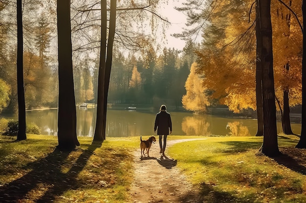 Hombre guapo paseando a su perro en el parque de otoño AI