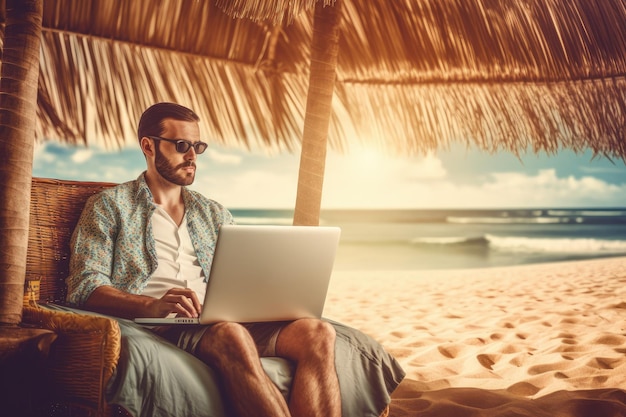 Un hombre guapo en la playa con una computadora portátil El concepto de trabajo independiente y remoto IA generativa