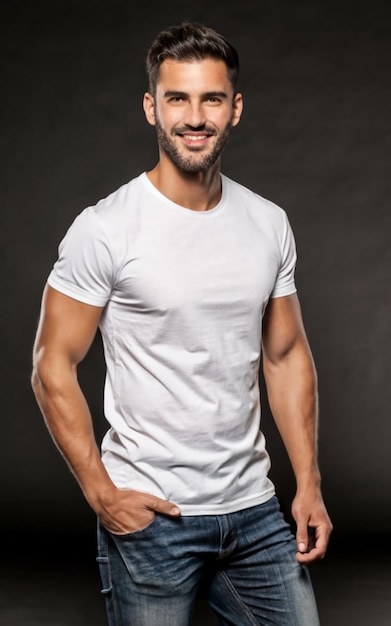 hombre guapo posando en camiseta blanca