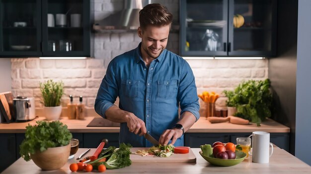 Hombre guapo positivo cocinando ensalada cortando verduras frescas en la tabla de cortar en la cocina