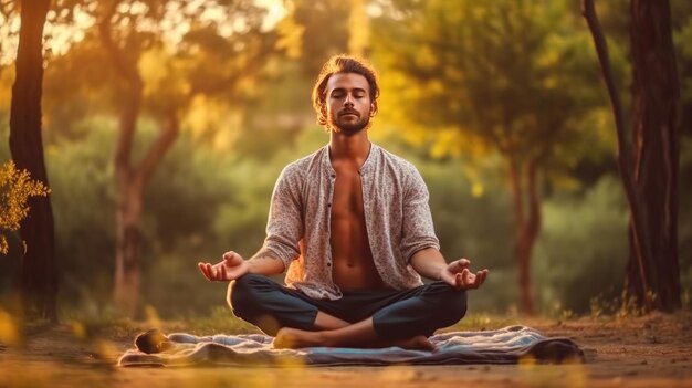 Foto hombre guapo en postura de loto de yoga meditando en el parque por la mañana