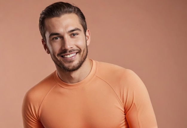 Hombre guapo con rastro sonriendo en una camisa naranja imagen irradia calidez y accesibilidad
